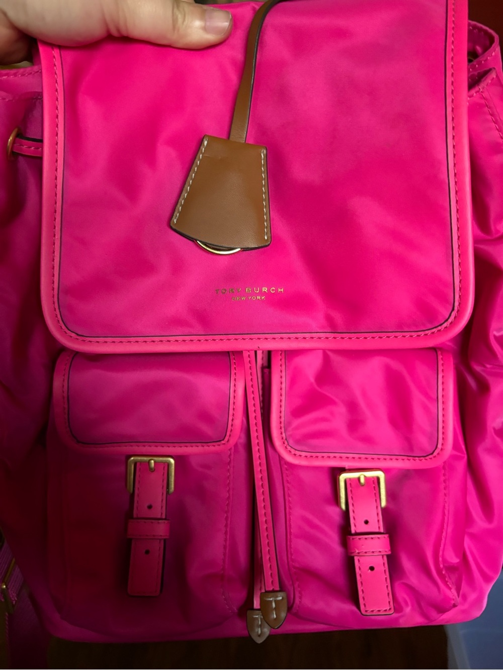 Tory Burch Pink Nylon Backpack Gold Logo Travel School Everyday Bag